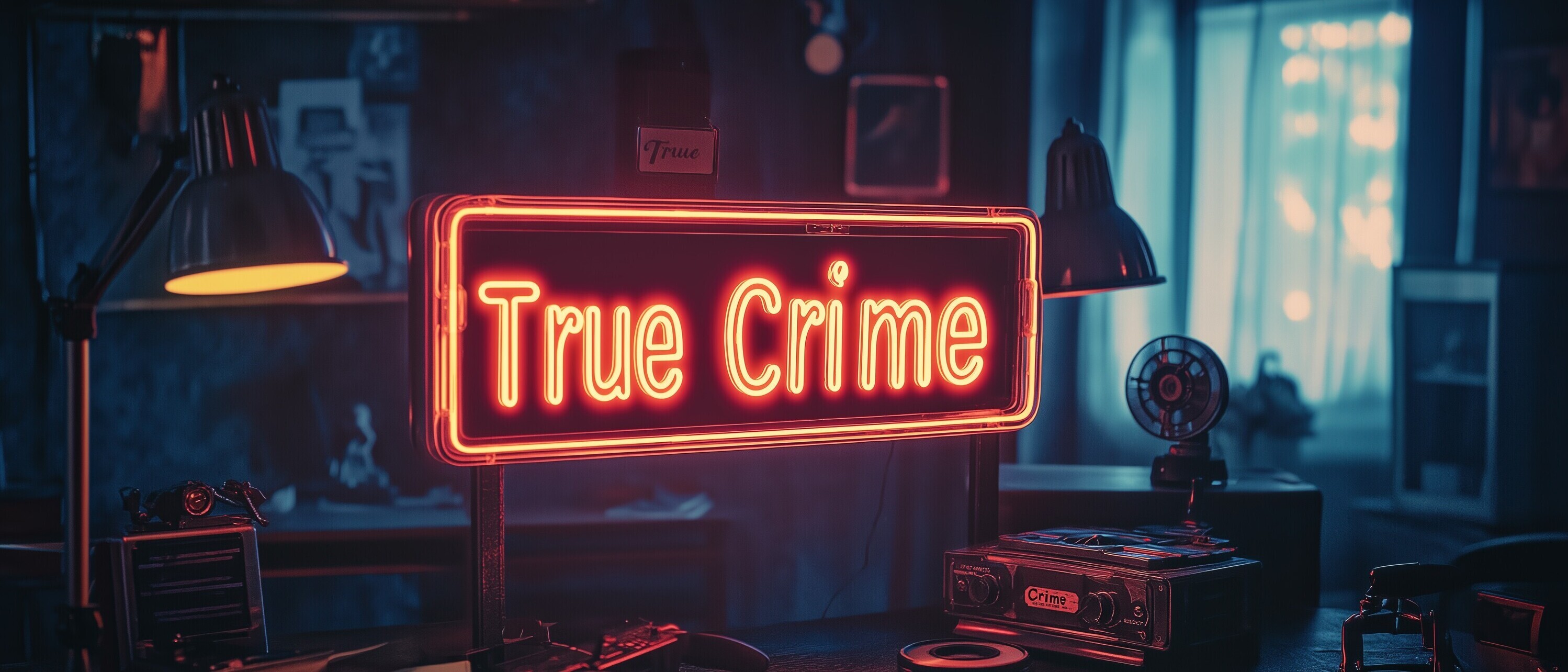 Neon True Crime Studio Setup at Night