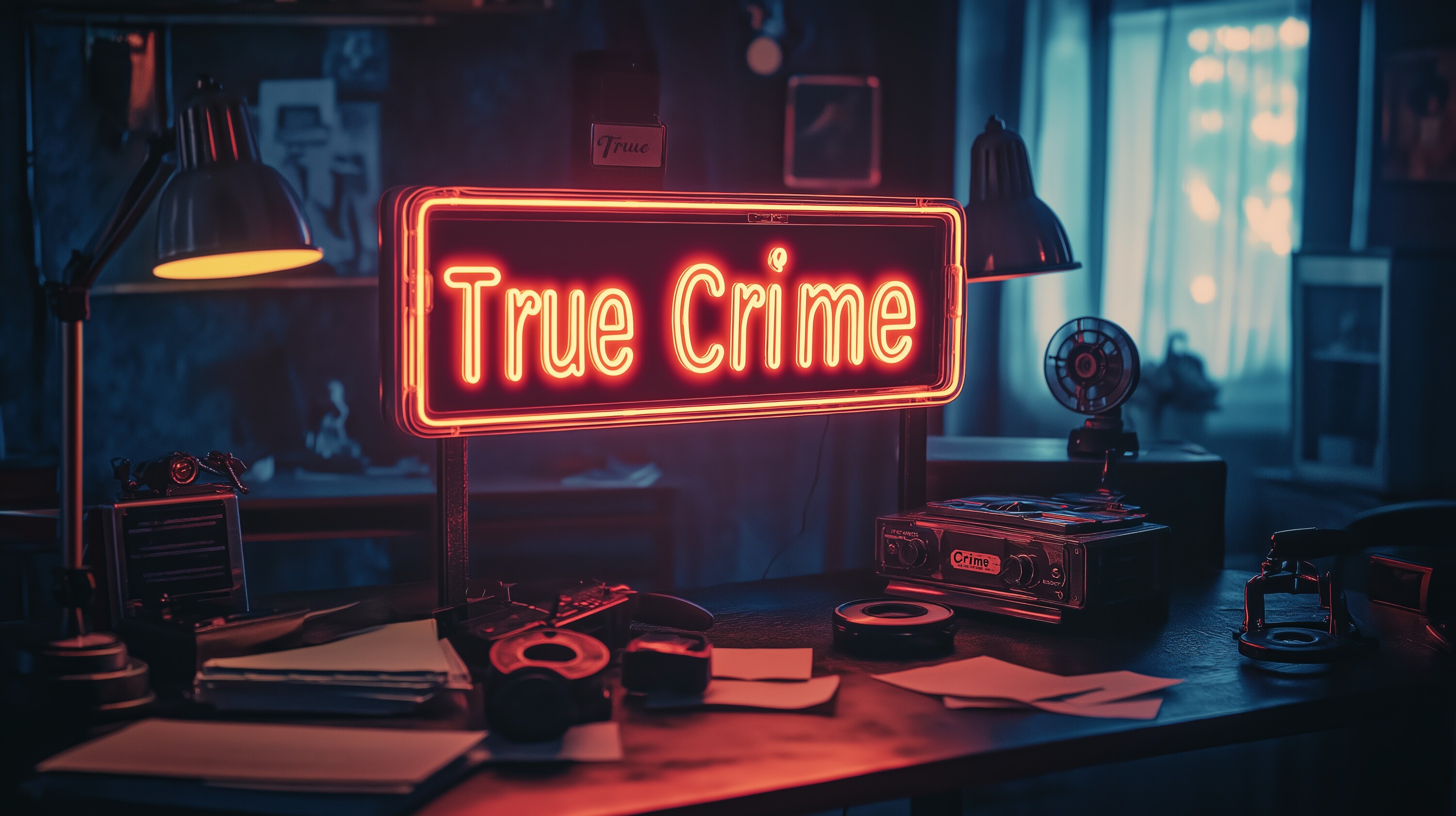 Neon True Crime Studio Setup at Night